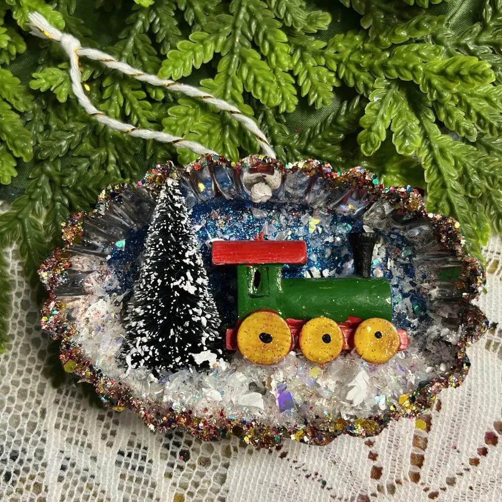 Vintage Oval Tart Tin Train Tree Diorama Mid Century Style Glitter Ornament